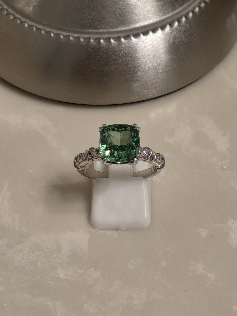Silver CZ and Green Gemstone Ring Size 9